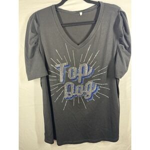 black V-neck Women's t-shirt w/t puffed sleeves and a "Top Dog" sequin design XL
